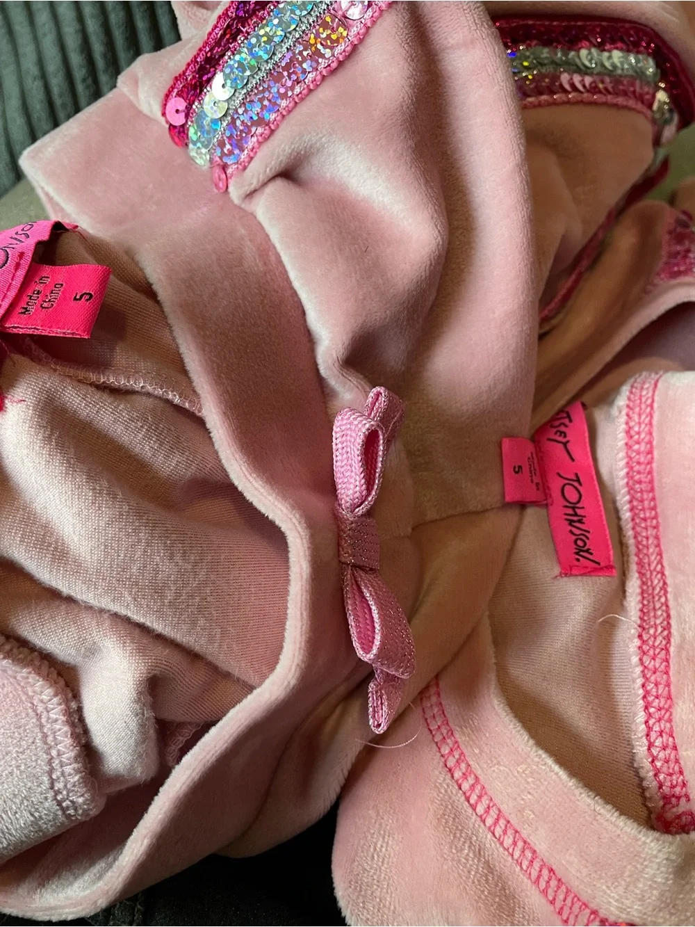 Betsey Johnson Pink Velour Jogger Set with Multicolor Sequin Stripes